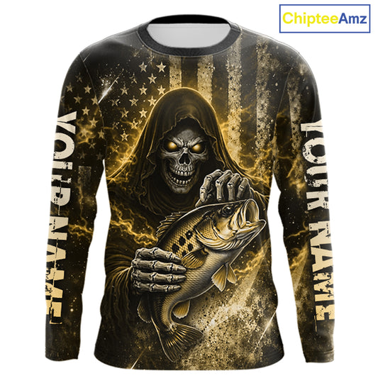 Custom Team Name Grim Reaper Bass Fishing With American Flag - Patriotic Bass Fishing Jersey|Blue NHT631