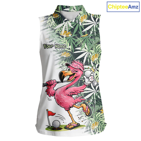 Funny Pink Flamingo Green Tropical Pattern Sleeveless Womens Golf Polo Shirt Custom Golf Shirts For Womens NHT648