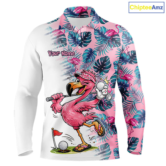 Funny Pink Flamingo Tropical With Pattern Flamingo Golf Polo Shirt Custom Golf Shirts For Men NHT649