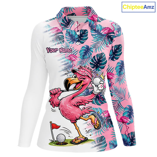 Funny Pink Flamingo Tropical With Pattern Flamingo Golf Polo Shirt Custom Golf Shirts For Womens NHT649
