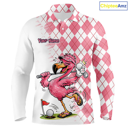 Funny Pink Flamingo Argyle Pink Pattern Golf Polo Shirt Custom Golf Shirts For Men NHT650