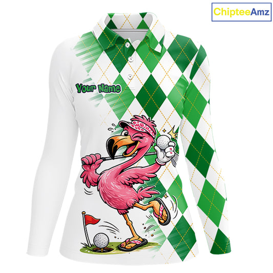 Funny Pink Flamingo Argyle Green Pattern Golf Polo Shirt Custom Golf Shirts For Womens NHT651