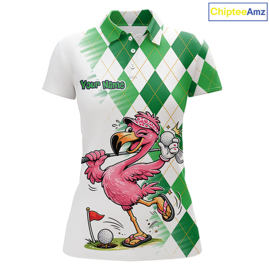 Funny Pink Flamingo Argyle Green Pattern Golf Polo Shirt Custom Golf Shirts For Womens NHT651