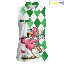 Load image into Gallery viewer, Funny Pink Flamingo Argyle Green Pattern Sleeveless Womens Golf Polo Shirt Custom Golf Shirts For Womens NHT651