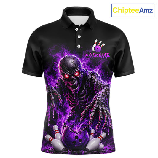 A black short-sleeve polo shirt with a custom graphic print of a purple and black zombie bowling monster, featuring bowling pins and balls, with a customizable name placeholder on the chest. The ChipteeAmz logo is visible in the top right corner.