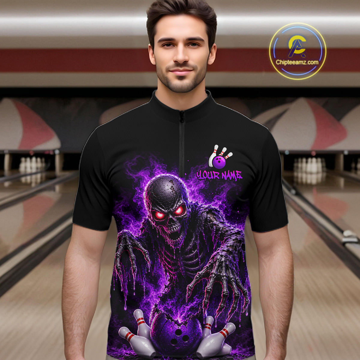 Personalized Men Bowling Jersey Custom Name Team Name Purple Skeleton Bowling Polo Shirt Tournament Gift NHT1317