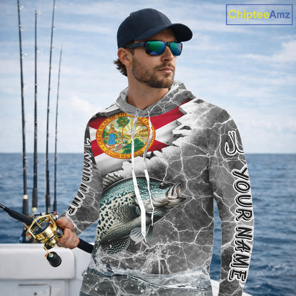 Florida Crappie Camo Gray Custom Long Sleeve Hooded Performance Fishing Shirts, Florida Flag Fishing Jerseys NHT658