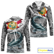 Load image into Gallery viewer, Florida Catfish Camo Gray Custom Long Sleeve Hooded Performance Fishing Shirts, Florida Flag Fishing Jerseys NHT659