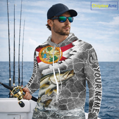 Florida Snook Camo Gray Custom Long Sleeve Hooded Performance Fishing Shirts, Florida Flag Fishing Jerseys NHT661