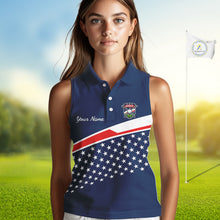 Load image into Gallery viewer, Blue Navy American Flag Womens Sleeveless Golf Polo Shirts Custom Patriotic Team Golf Shirts For Team Golf Gifts NHT693