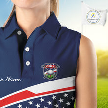 Load image into Gallery viewer, Blue Navy American Flag Womens Sleeveless Golf Polo Shirts Custom Patriotic Team Golf Shirts For Team Golf Gifts NHT693