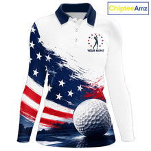 Load image into Gallery viewer, Women's Patriotic Golf Polo Shirt – USA Flag Golf Apparel, Red White Blue Performance Polo NHT1048
