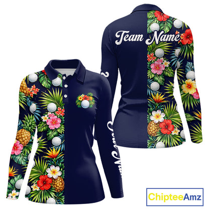 Womens Golf Polo Shirt Green Tropical Flower Leaves Custom Name Golf Polo Shirts, Golfing Gift NHT720