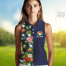 Load image into Gallery viewer, Womens Sleeveless Golf Polo Shirt Green Tropical Flower Leaves Custom Name Golf Polo Shirts, Golfing Gift NHT720