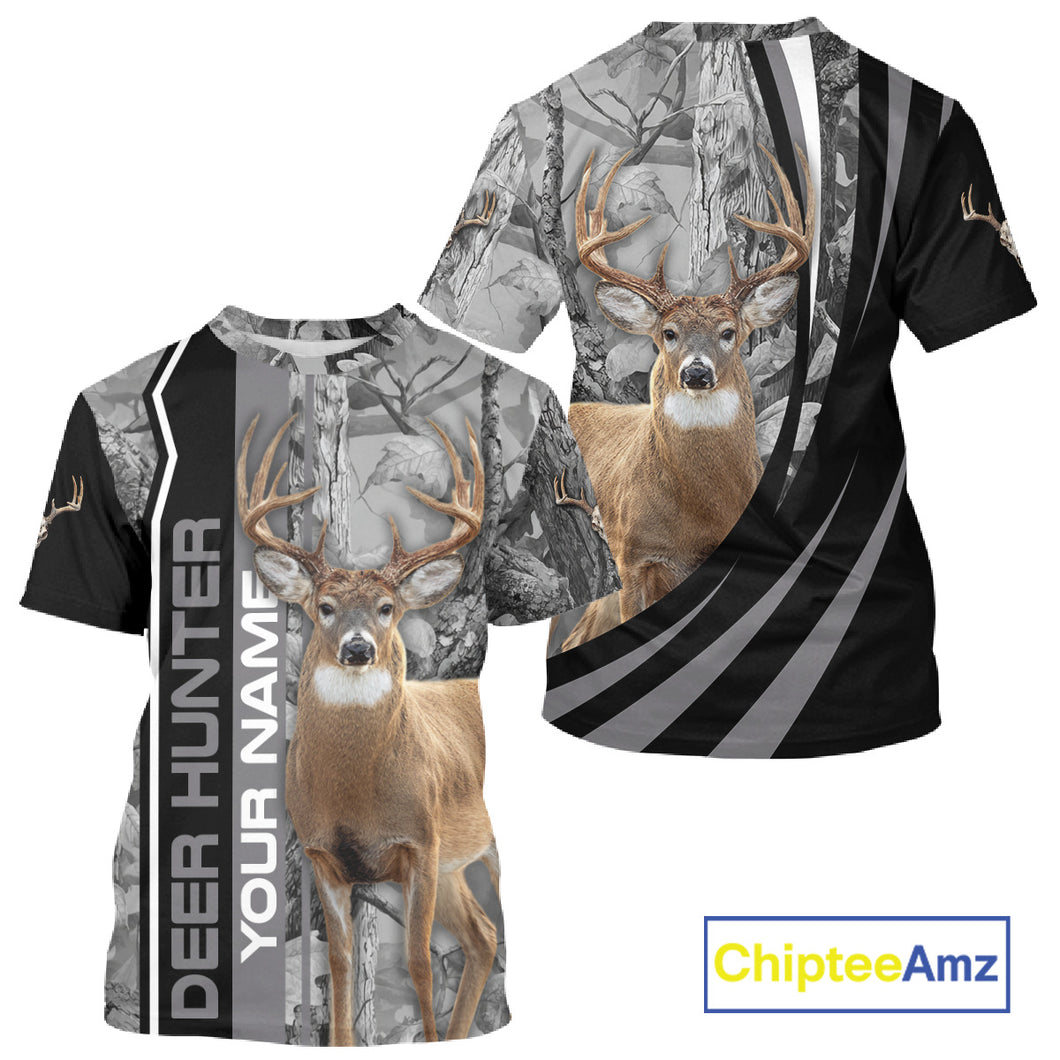 Deer Hunting Camo Custom Name 3D All Over Print Shirt Gray Black, Best Deer Hunting Shirt NHT210