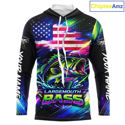Personalized Bass Fishing Jerseys, Custom American Flag Fishing Shirts Long Sleeve Hooded For Men NHT458