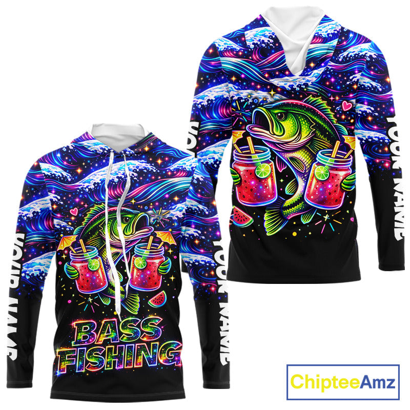 Bass Fishing Shirts Long Sleeve Hooded- Neon Bass Shirt, Funny Fishing Gift For Fishermen NHT535