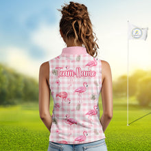 Load image into Gallery viewer, Personalized Flamingo Polo Shirt Pink Plaid Custom Name Team Shirt Womens Sleeveless Flamingo Golf Polo Gift NHT1216
