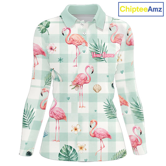 A long-sleeve women's polo shirt with a pink flamingo and tropical leaf print over a mint green and white gingham check pattern. The shirt features a light green collar, button placket, and a customizable name placeholder on the chest.