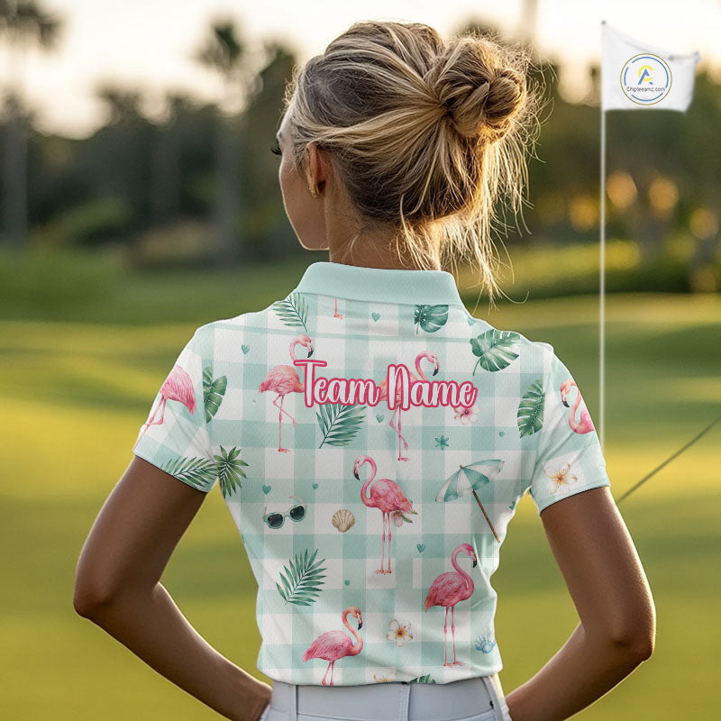 Personalized Flamingo Golf Polo Shirt, Mint Plaid Custom Name Team Shirt, Womens Golf Polo Gift NHT1217