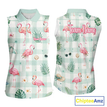 Load image into Gallery viewer, Personalized Flamingo Golf Polo Shirt, Mint Plaid Custom Name Team Shirt, Womens Sleeveless Golf Polo Gift NHT1217