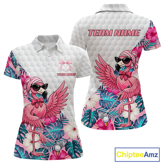 Pink Flamingo Golf Shirt For Women, Funny Tropical Patten Golf Polo Shirt, Ladies Golf Outfit For Team NHT730