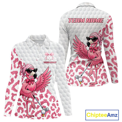 Pink Flamingo Golf Shirt For Women, Funny Leopard Patten Golf Polo Shirt, Ladies Golf Outfit For Team NHT732
