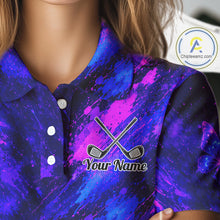 Load image into Gallery viewer, Neon Butterfly Womens Golf Polo Shirt Personalized Team Name Custom Purple Blue Golf Apparel Gift NHT901