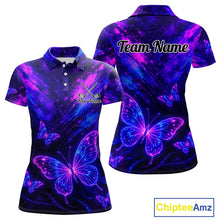 Load image into Gallery viewer, Neon Butterfly Womens Golf Polo Shirt Personalized Team Name Custom Purple Blue Golf Apparel Gift NHT901