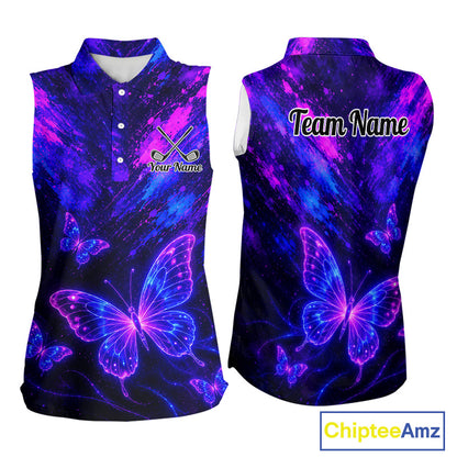 Neon Butterfly Womens Golf Polo Shirt Personalized Team Name Custom Purple Blue Golf Apparel Gift NHT901