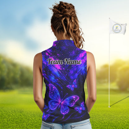 Neon Butterfly Womens Golf Polo Shirt Personalized Team Name Custom Purple Blue Golf Apparel Gift NHT901