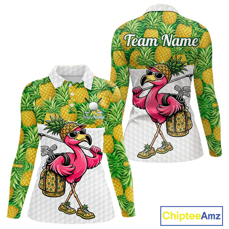 Golfing Flamingo Womens Funny Golf Polo Shirt Custom Yellow Pattern Pineapple Golf Ball Clothes Shirts NHT739