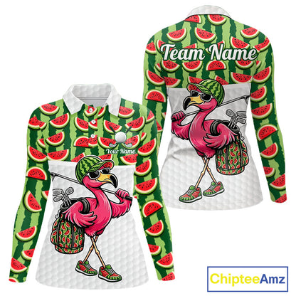 Golfing Flamingo Womens Funny Golf Polo Shirt Custom Green Pattern Watermelon Golf Ball Clothes Shirts NHT740