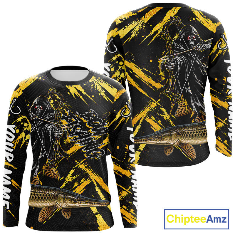 Alligator Gar Fishing Shirts Long Sleeve For Men, Grim Reaper Fishing Apparel, Bowfishing Gift NHT1379