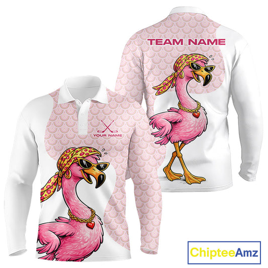 White Pink Mens Golf Shirt Flamingo Golf Funny Custom Team Name Cool Gift For Golfer NHT546