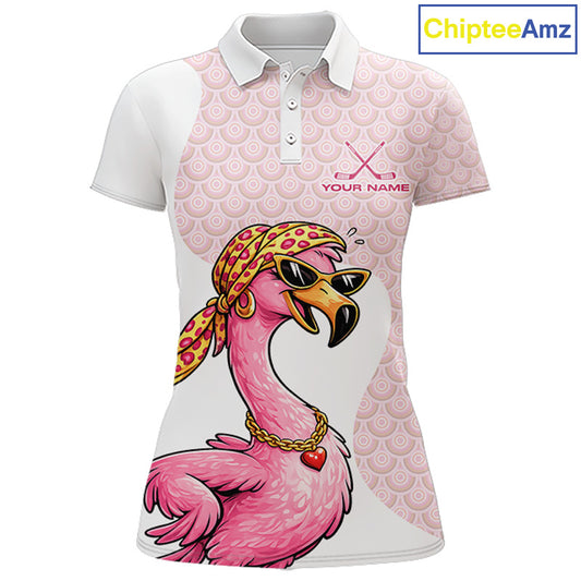 White Pink Womens Golf Shirt Flamingo Golf Funny Custom Team Name Cool Gift For Golfer NHT546