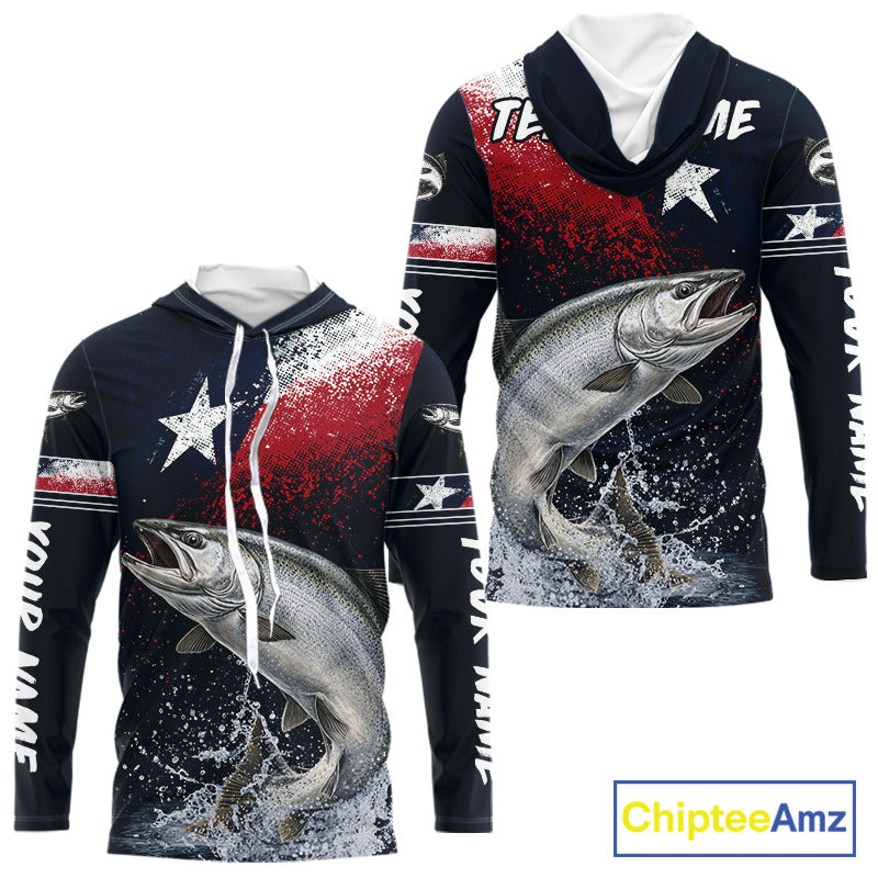 Custom Vintage Chinook Salmon Long Sleeve Hooded Patriotic Fishing Shirt For Men, Salmon Texas Flag Fishing Shirt NHT765