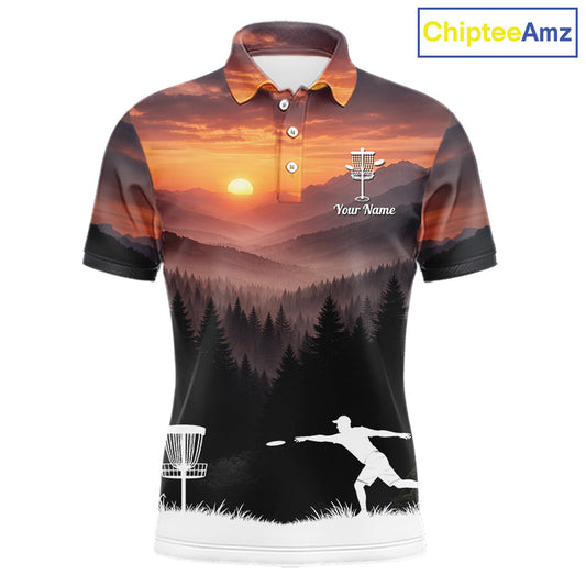 Mens Disc Golf Shirts Custom Mountain Sunset Polo, Lightweight Performance Wear Team Disc Golf Apparel NHT802