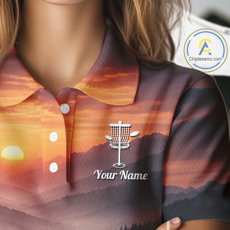 Womens Disc Golf Shirts Custom Mountain Sunset Polo, Lightweight Performance Wear Team Disc Golf Apparel NHT802