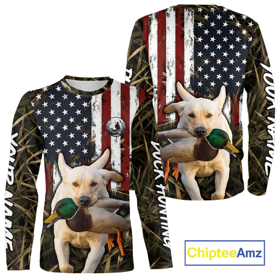 Mallard Duck Hunting Shirt Personalized Camo With Dog Yellow Lab US Flag Hunting Clothes NHT166