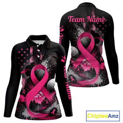 Black long-sleeve polo shirt with a pink and gray breast cancer awareness graphic, shown from both front and back views on a white background with a ChipteeAmz logo in the corner.