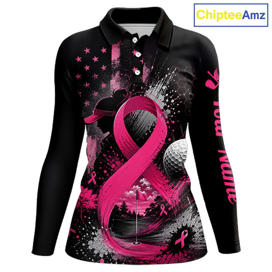 A long-sleeve polo shirt with a black base and a pink, black, and white graphic design featuring a large pink ribbon, stars, a golf ball, and the words 'Golf For Women' on the sleeve. A 'ChipteeAmz' logo is visible in the top right corner.