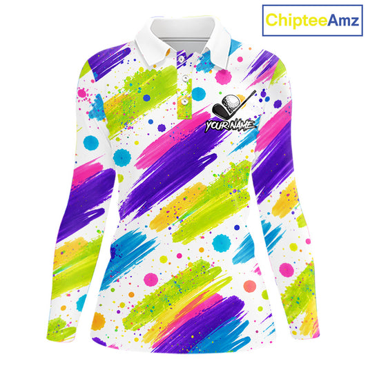 Personalized Colorful Paint Stroke Womens Golf Polo Shirt Flaming Golf Ball Custom Best Team Golf Shirts NHT624