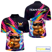 Load image into Gallery viewer, Colorful bowling-themed shirt with capybara design and customizable text on a white background