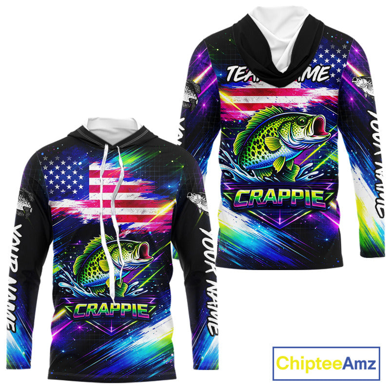 Personalized Crappie Fishing Jerseys, Custom American Flag Fishing Shirts Long Sleeve Hooded For Men NHT638
