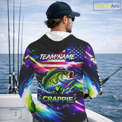 Personalized Crappie Fishing Jerseys, Custom American Flag Fishing Shirts Long Sleeve Hooded For Men NHT638