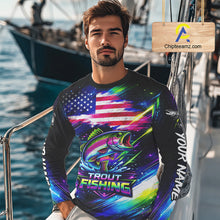 Load image into Gallery viewer, Personalized Rainbow Trout Fishing Jerseys, Custom American Flag Fishing Shirts Long Sleeve For Men NHT639