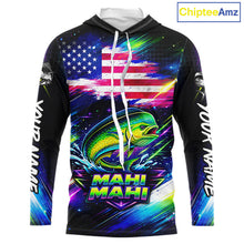 Load image into Gallery viewer, Personalized Mahi Mahi Fishing Jerseys, Custom American Flag Hooded Fishing Shirts Long Sleeve For Men NHT640
