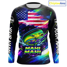 Load image into Gallery viewer, Personalized Mahi Mahi Fishing Jerseys, Custom American Flag Fishing Shirts Long Sleeve For Men NHT640