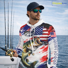 Load image into Gallery viewer, Patriotic Bass Fishing Tournament Shirts, Personalized American Flag Hooded Bass Fishing Jerseys NHT497